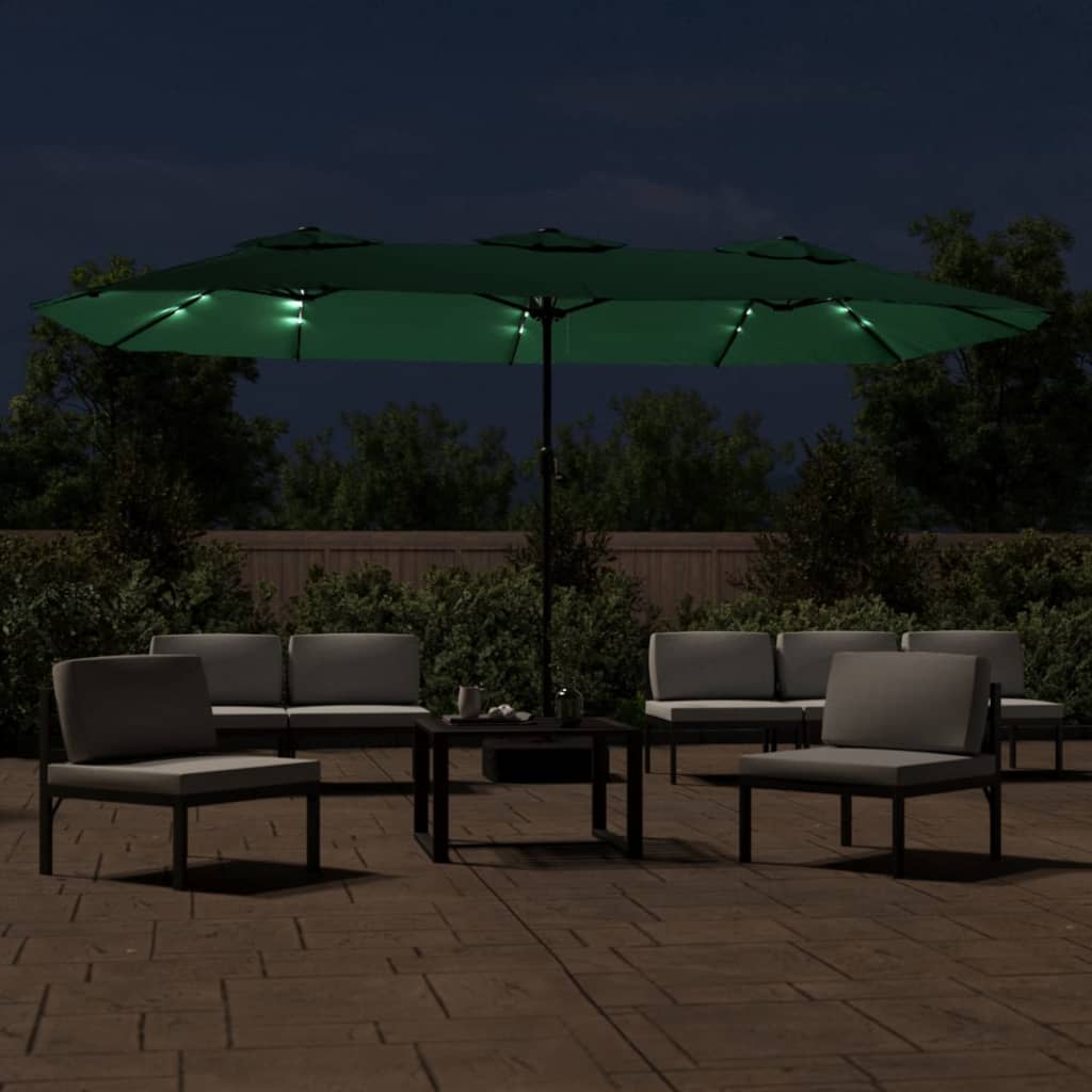 vidaXL Kaksipäinen aurinkovarjo LED-valot vihreä 449x245 cm