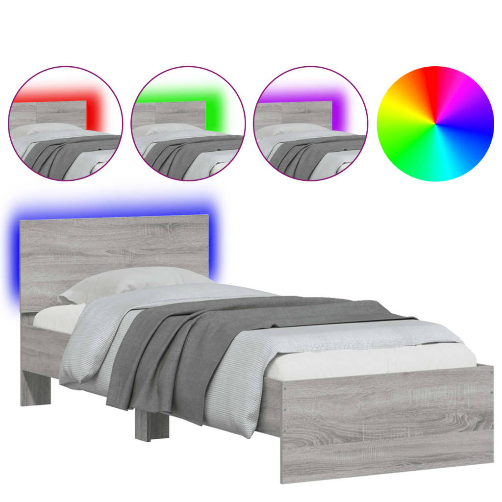 vidaXL Sängynrunko päädyllä ja LED-valoilla harmaa Sonoma 75x190 cm