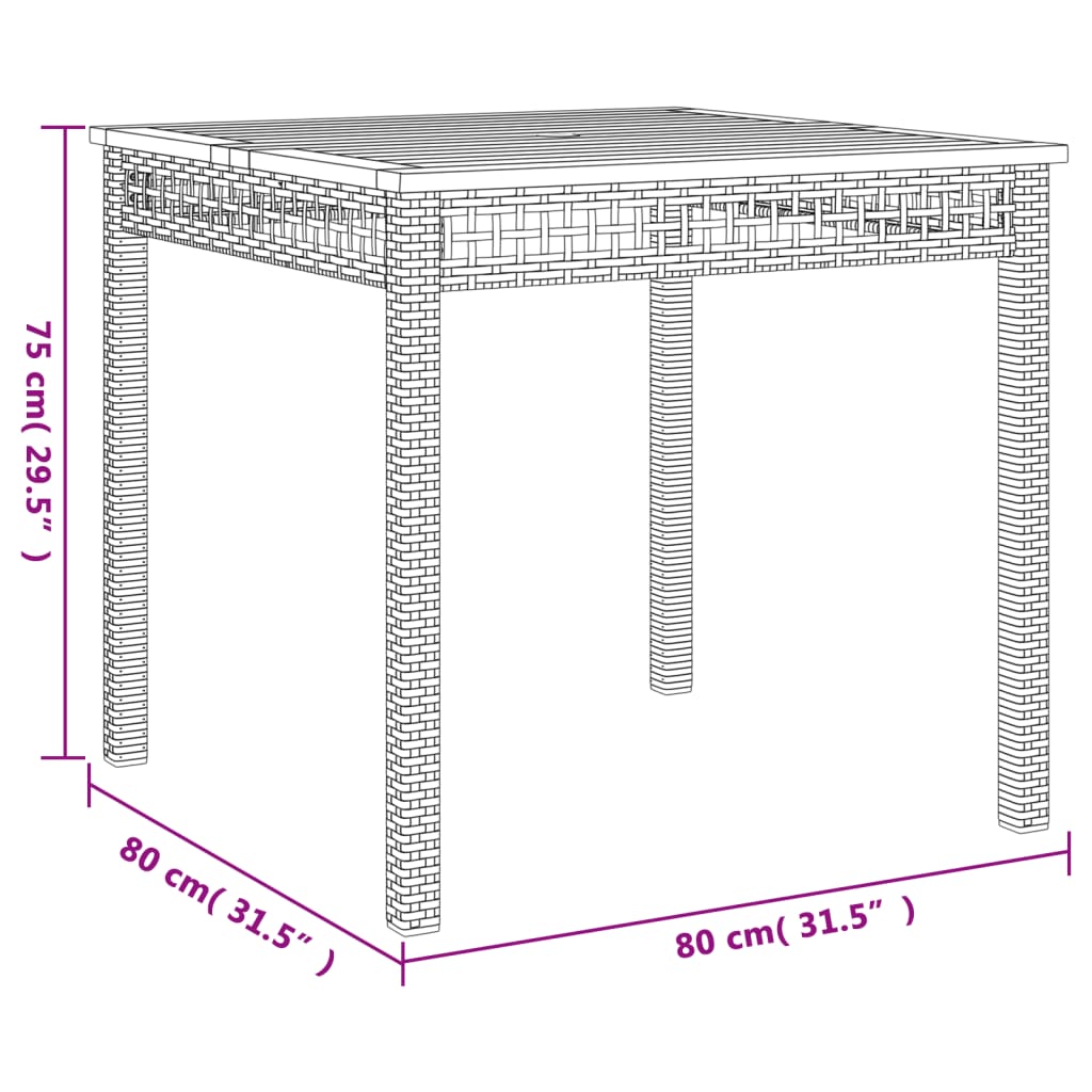 vidaXL Puutarhapöytä musta 80x80x75 cm polyrottinki ja akasiapuu