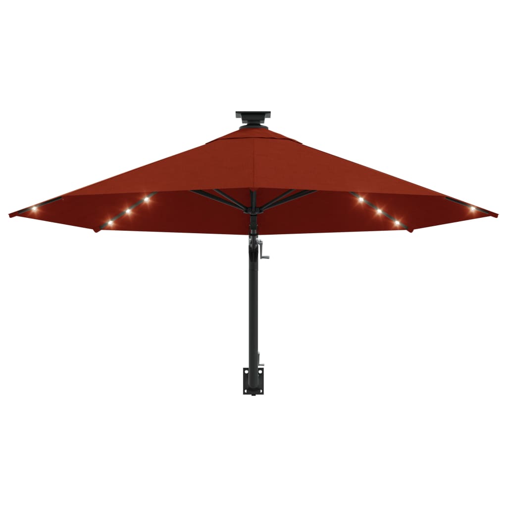 vidaXL Seinäkiinnitteinen aurinkovarjo LED ja tolppa 300 cm terrakotta