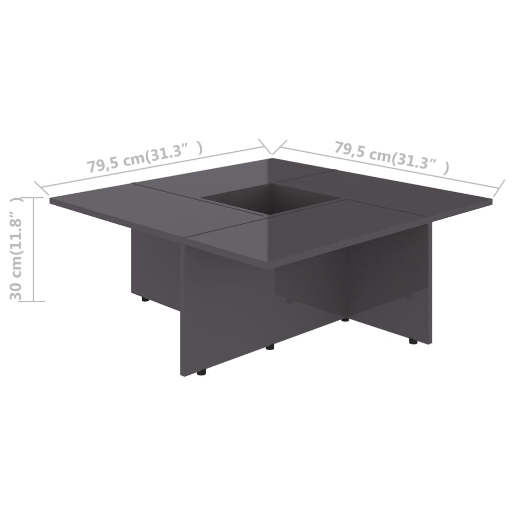 vidaXL Sohvapöytä korkeakiilto harmaa 79,5x79,5x30 cm lastulevy