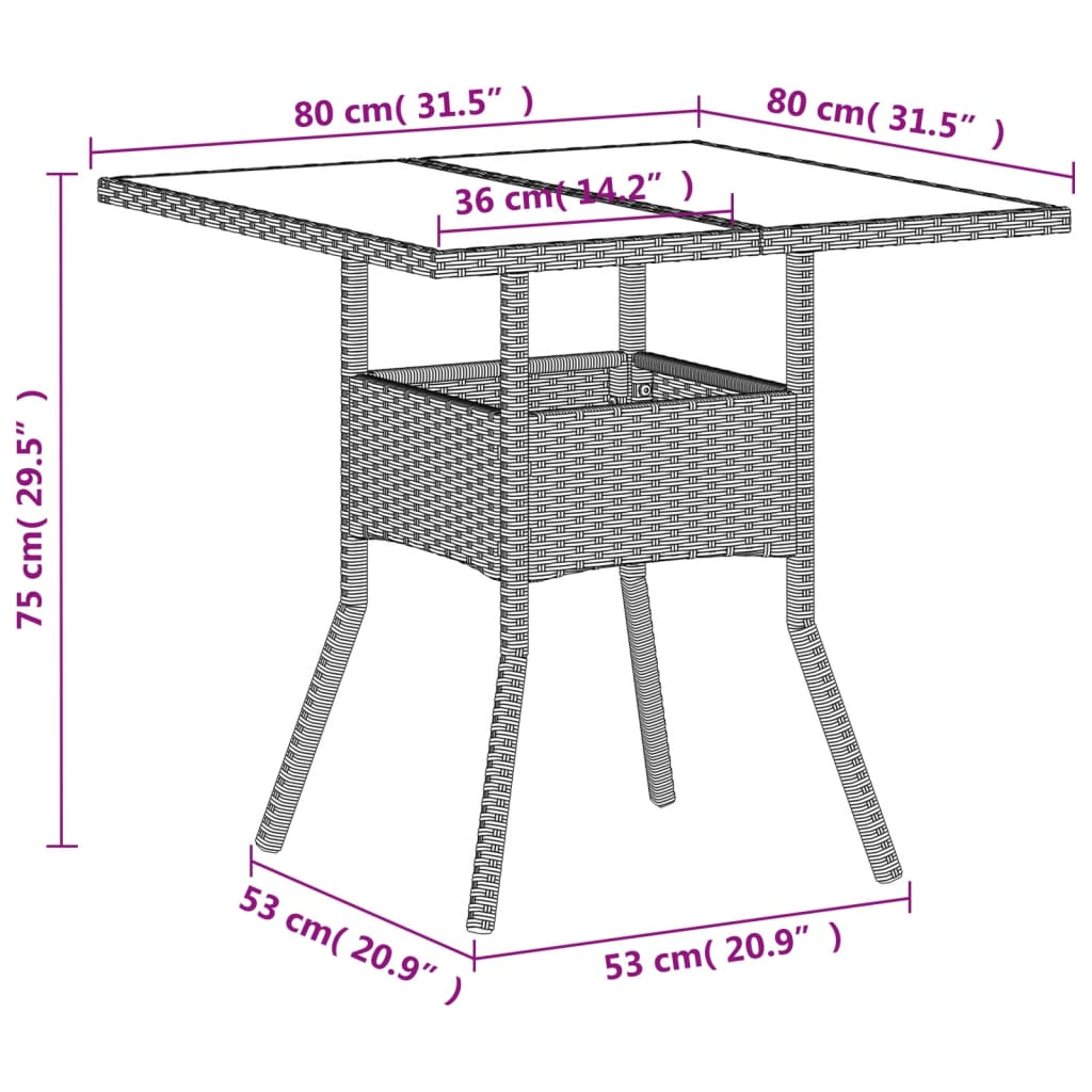 vidaXL Puutarhapöytä lasipöytälevy v.harmaa 80x80x75 cm polyrottinki