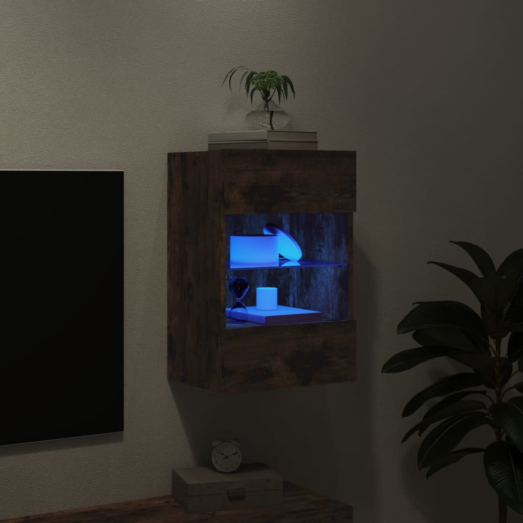 vidaXL TV-seinäkaappi LED-valoilla savutammi 40x30x60,5 cm