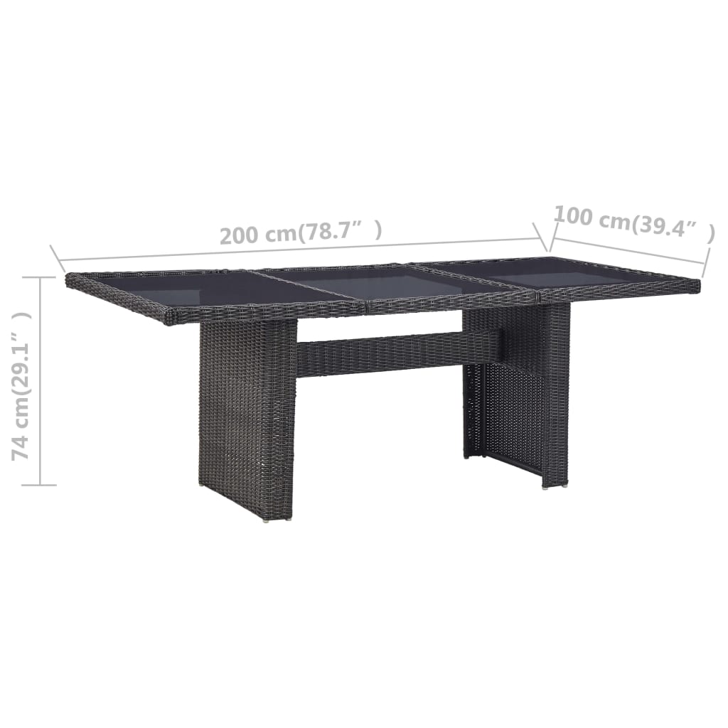vidaXL Puutarhan ruokapöytä musta 200x100x74 cm lasi ja polyrottinki
