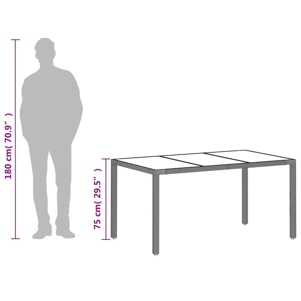 vidaXL Puutarhapöytä lasipöytälevy v.harmaa 150x90x75 cm polyrottinki