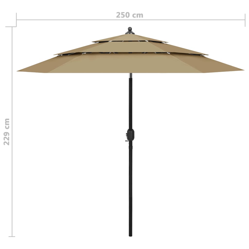 vidaXL 3-tasoinen aurinkovarjo alumiinitanko harmaanruskea 2,5 m