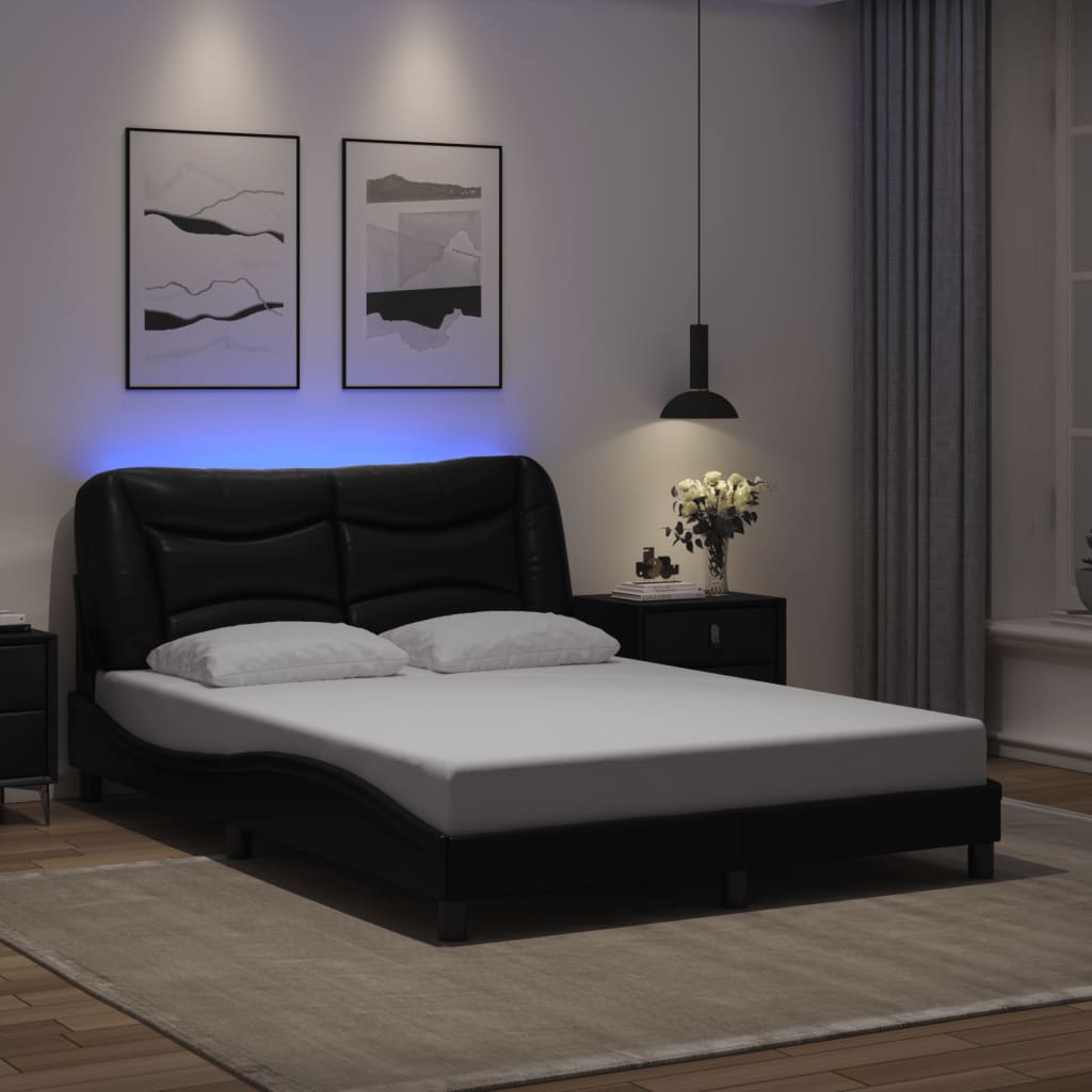 vidaXL Sängynrunko LED-valoilla musta 120x200 cm keinonahka