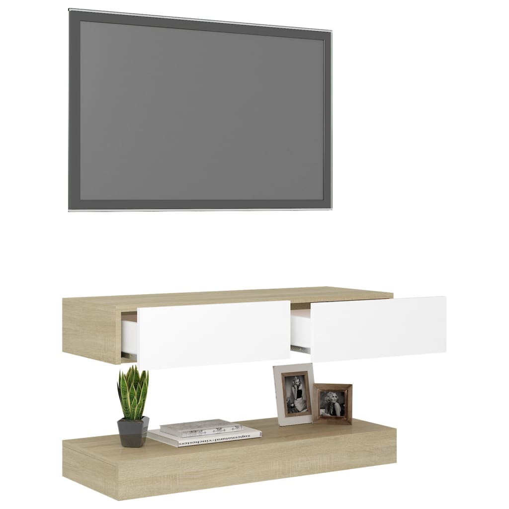 vidaXL TV-taso LED-valoilla valkoinen ja Sonoma-tammi 90x35 cm