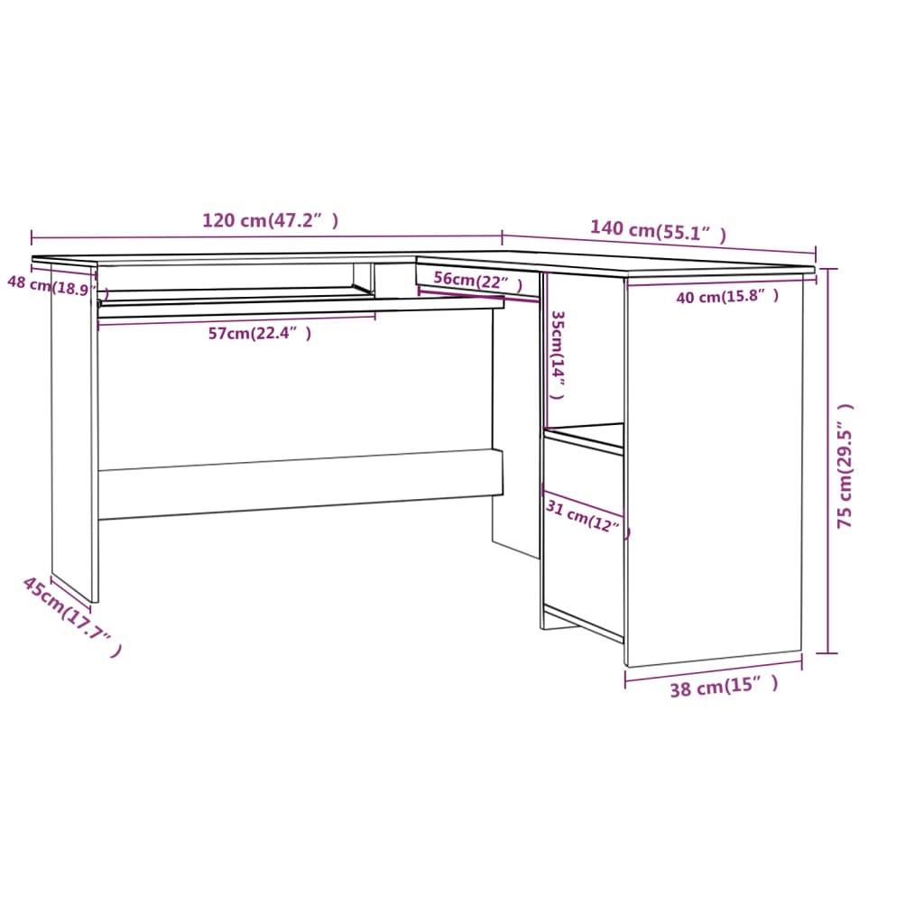vidaXL L-muotoinen kulmapöytä harmaa 120x140x75 cm lastulevy