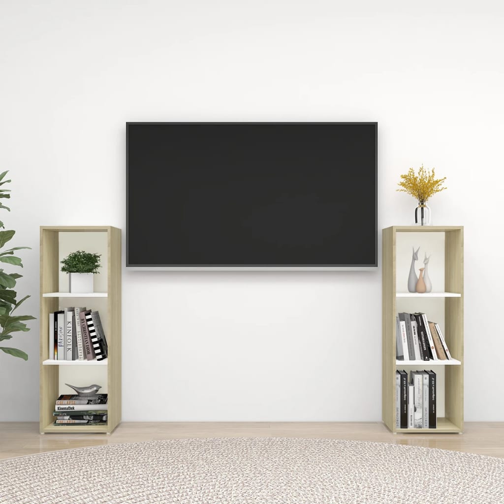 vidaXL TV-tasot 2 kpl valkoinen/Sonoma-tammi 107x35x37 cm lastulevy
