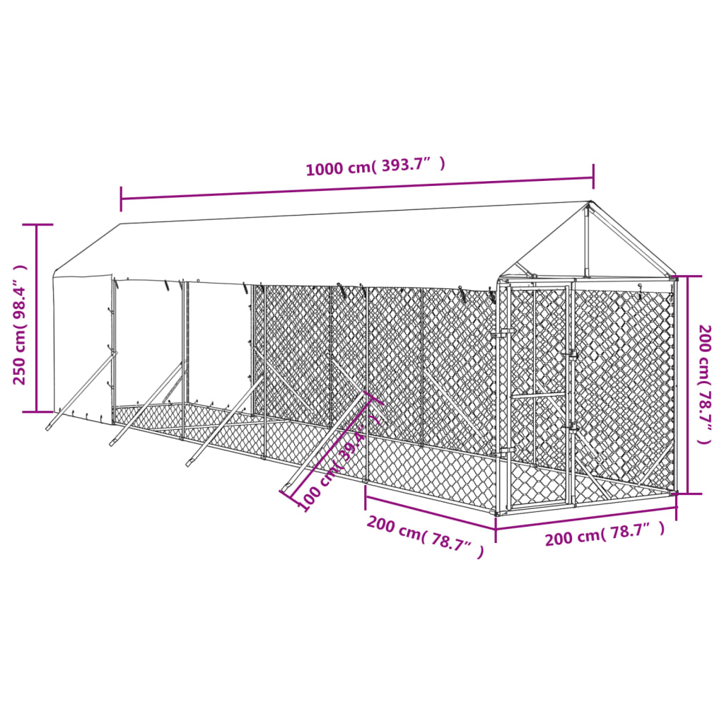 vidaXL Koiran ulkohäkki katolla hopea 2x10x2,5 m galvanoitu teräs