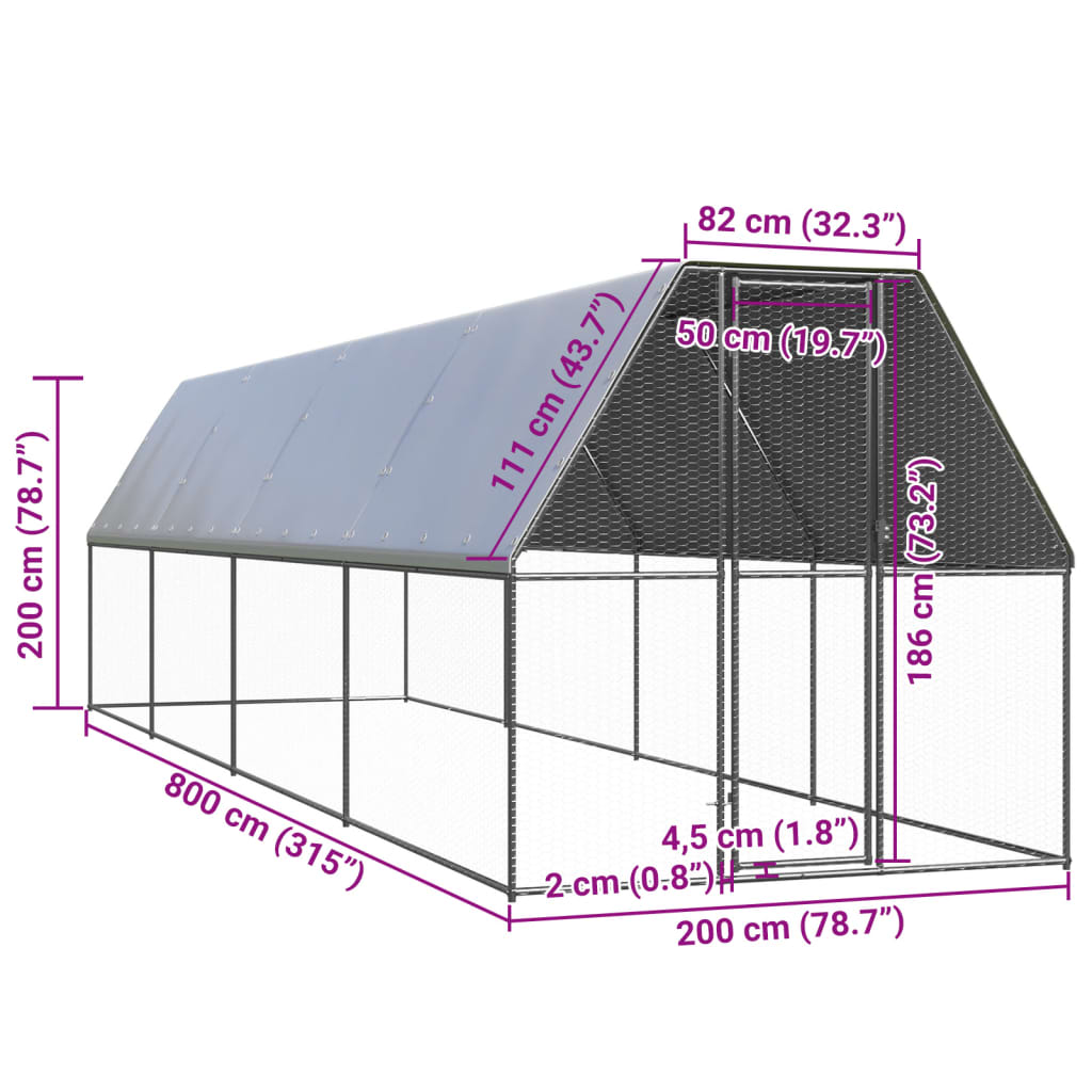vidaXL Ulkotilan kanahäkki 2x8x2 m galvanoitu teräs