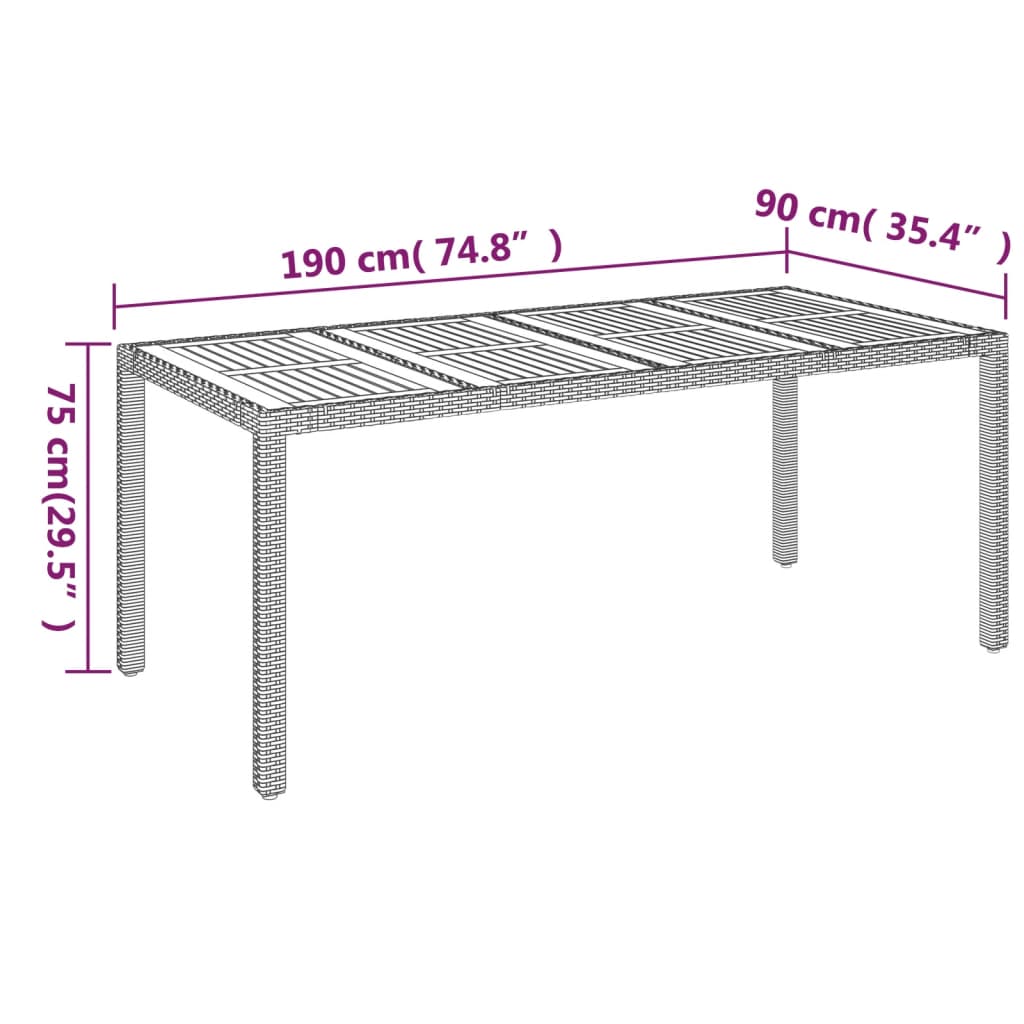 vidaXL Puutarhapöytä puulevyllä musta 190x90x75 cm polyrottinki