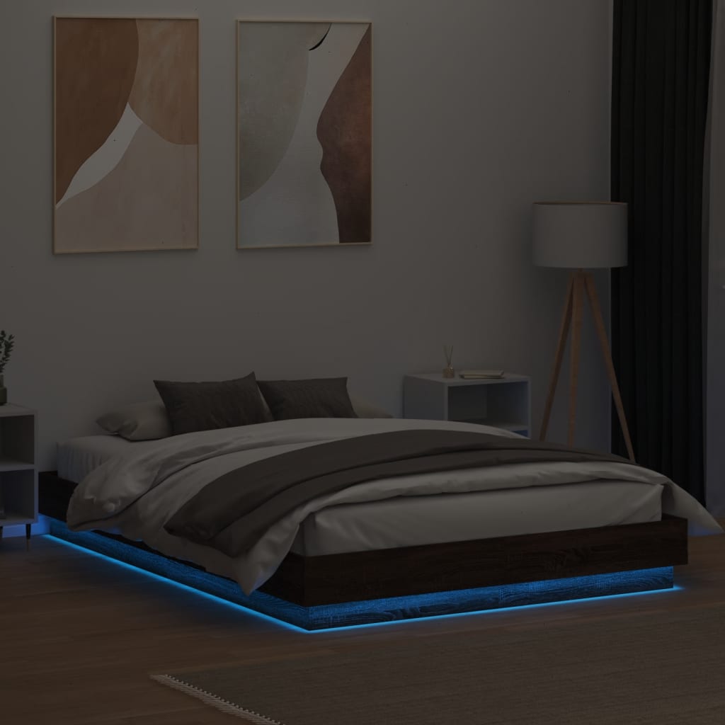 vidaXL Sängynrunko LED-valoilla ruskea tammi 160x200 cm
