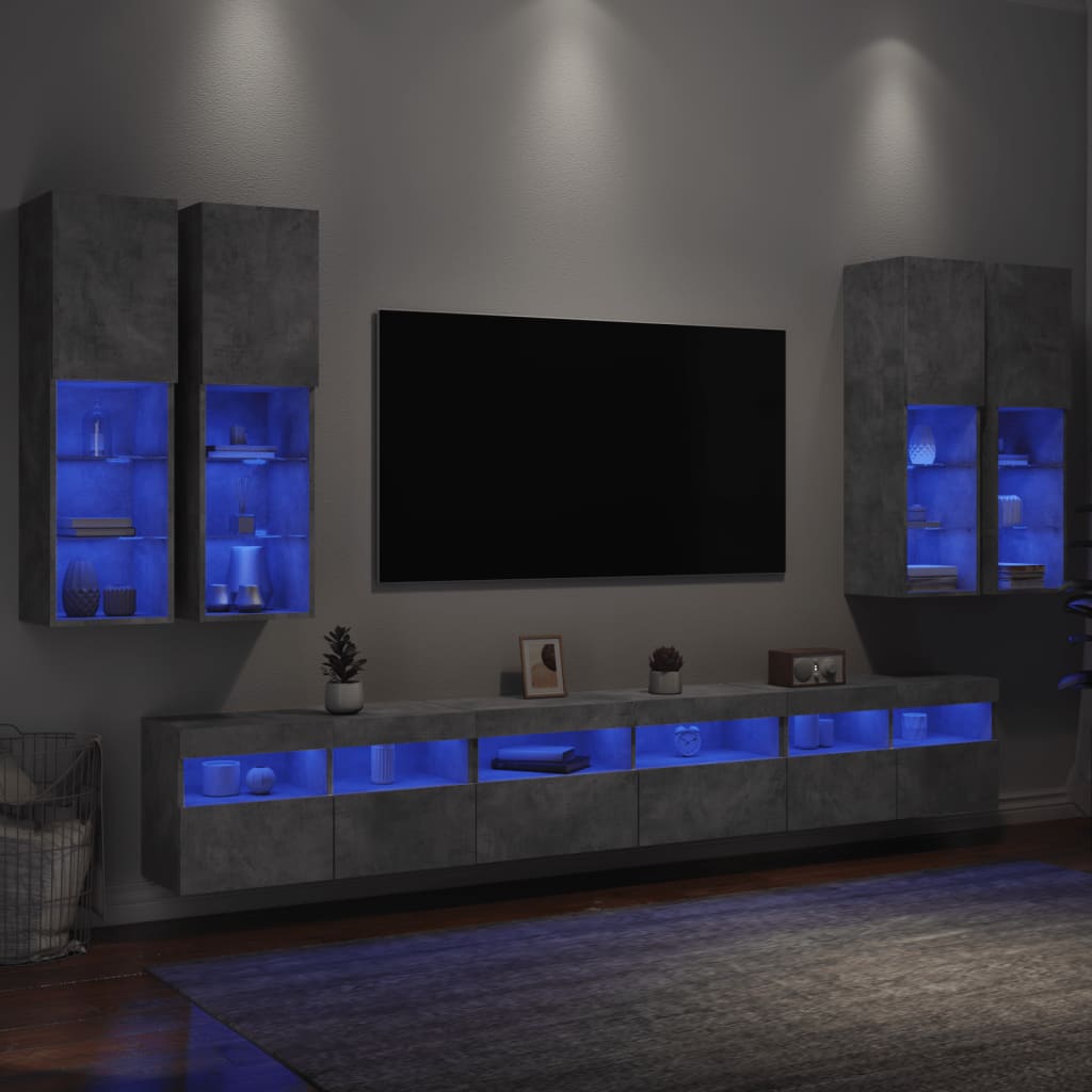 vidaXL 7-osainen TV-seinäkaappisarja LED-valoilla betoninharmaa