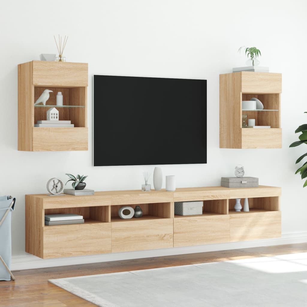 vidaXL TV-seinäkaapit LED-valoilla 2 kpl Sonoma-tammi 40x30x60,5 cm