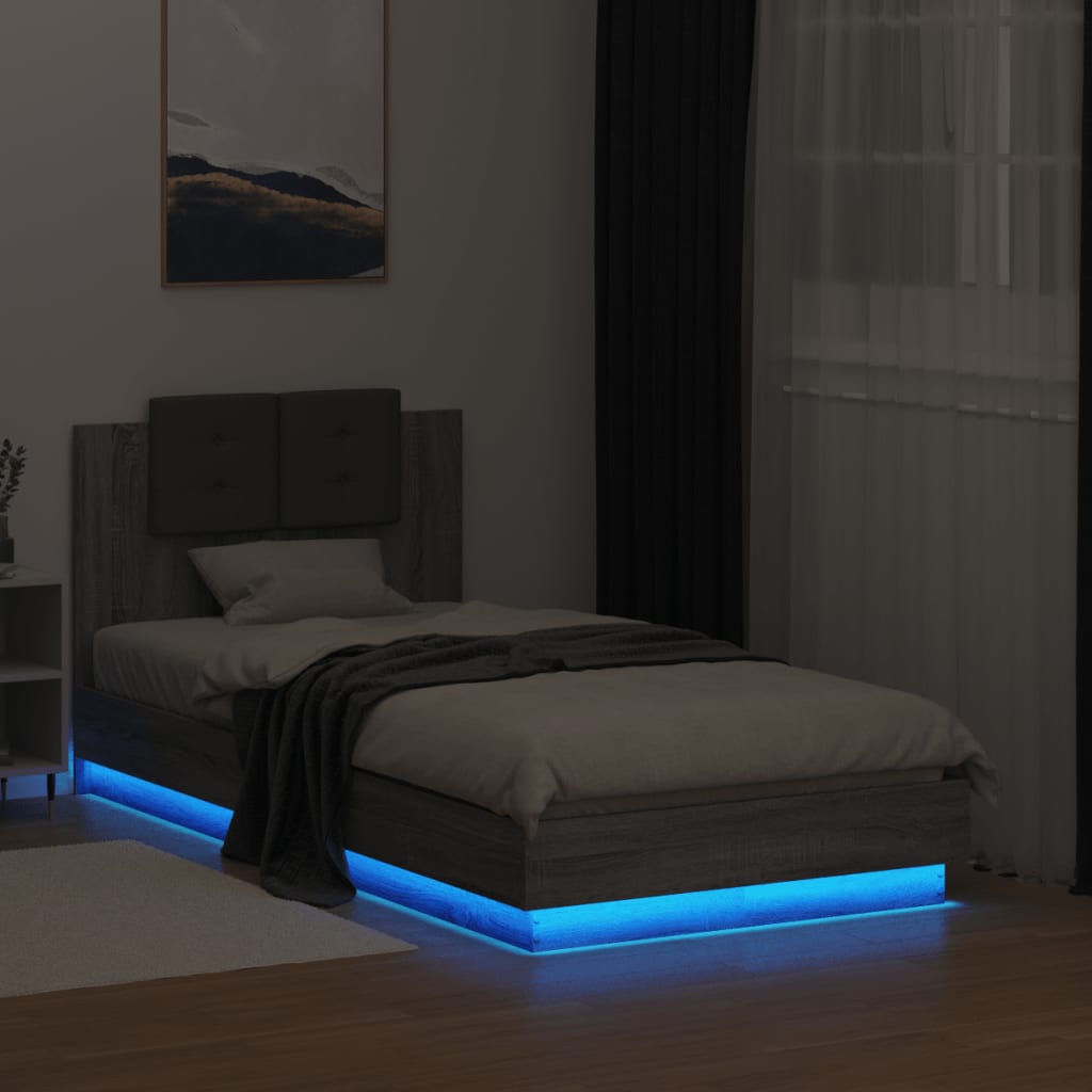 vidaXL Sängynrunko päädyllä ja LED-valoilla harmaa Sonoma 90x190 cm