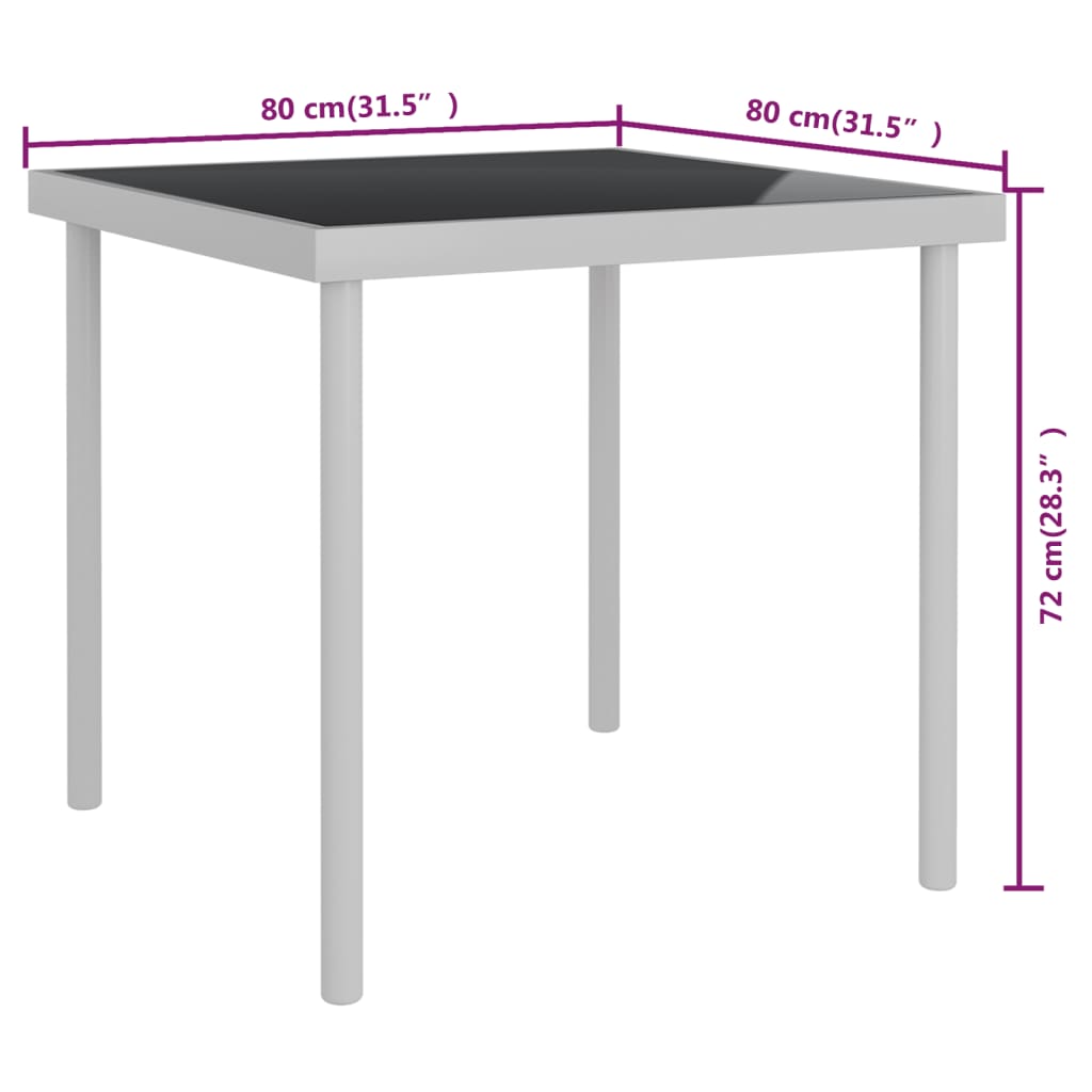 vidaXL Ulkoruokapöytä vaaleanharmaa 80x80x72 cm lasi ja teräs