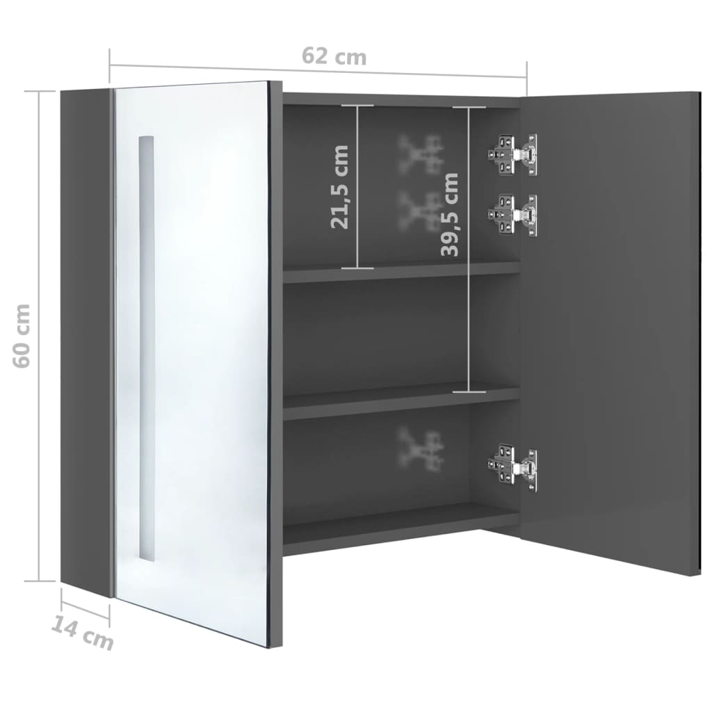 vidaXL LED kylpyhuoneen peilikaappi kiiltävä harmaa 62x14x60 cm