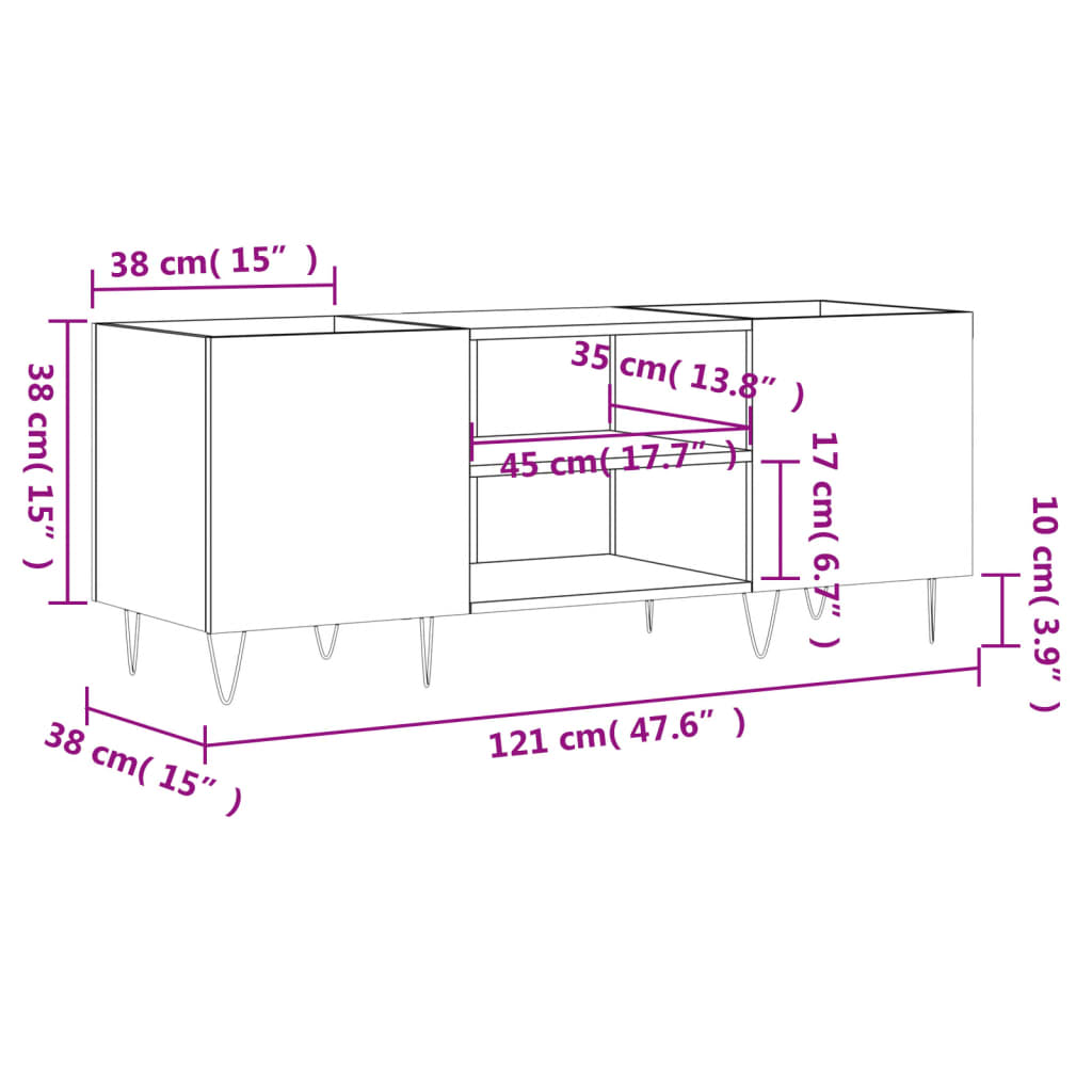 vidaXL LP-levyjen säilytyskaappi betoninharmaa 121x38x48 cm puu