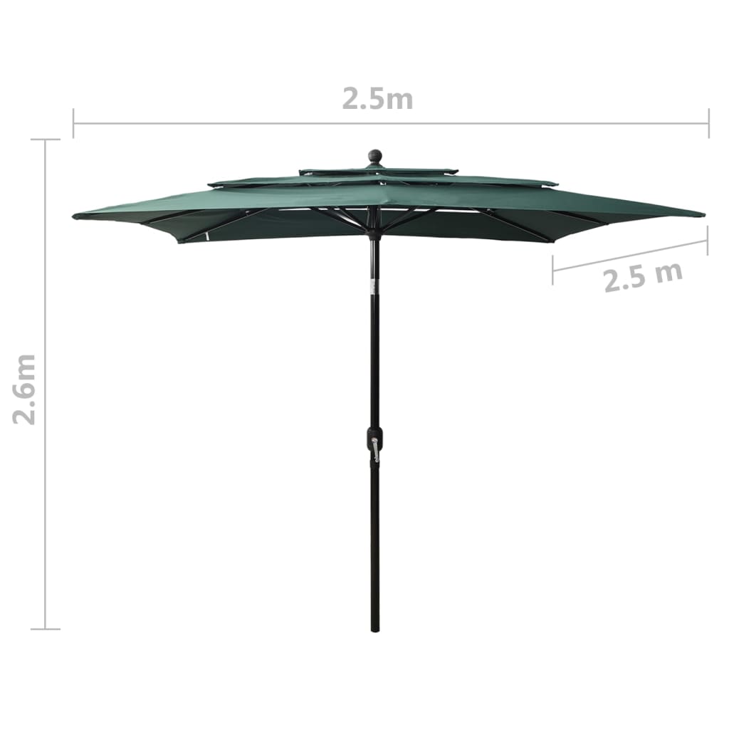 vidaXL 3-tasoinen aurinkovarjo alumiinitanko vihreä 2,5x2,5 m