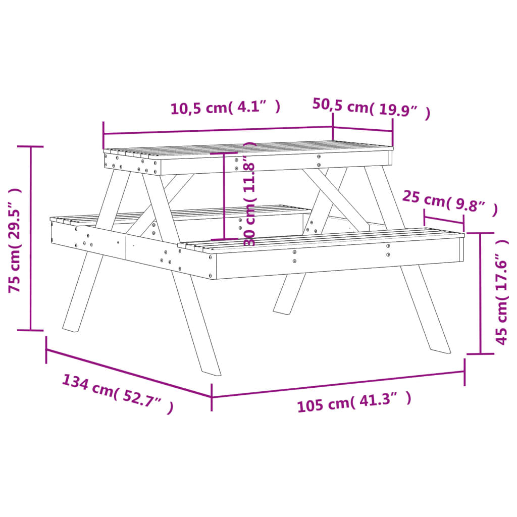 vidaXL Piknikpöytä vahanruskea 105x134x75 cm täysi mänty