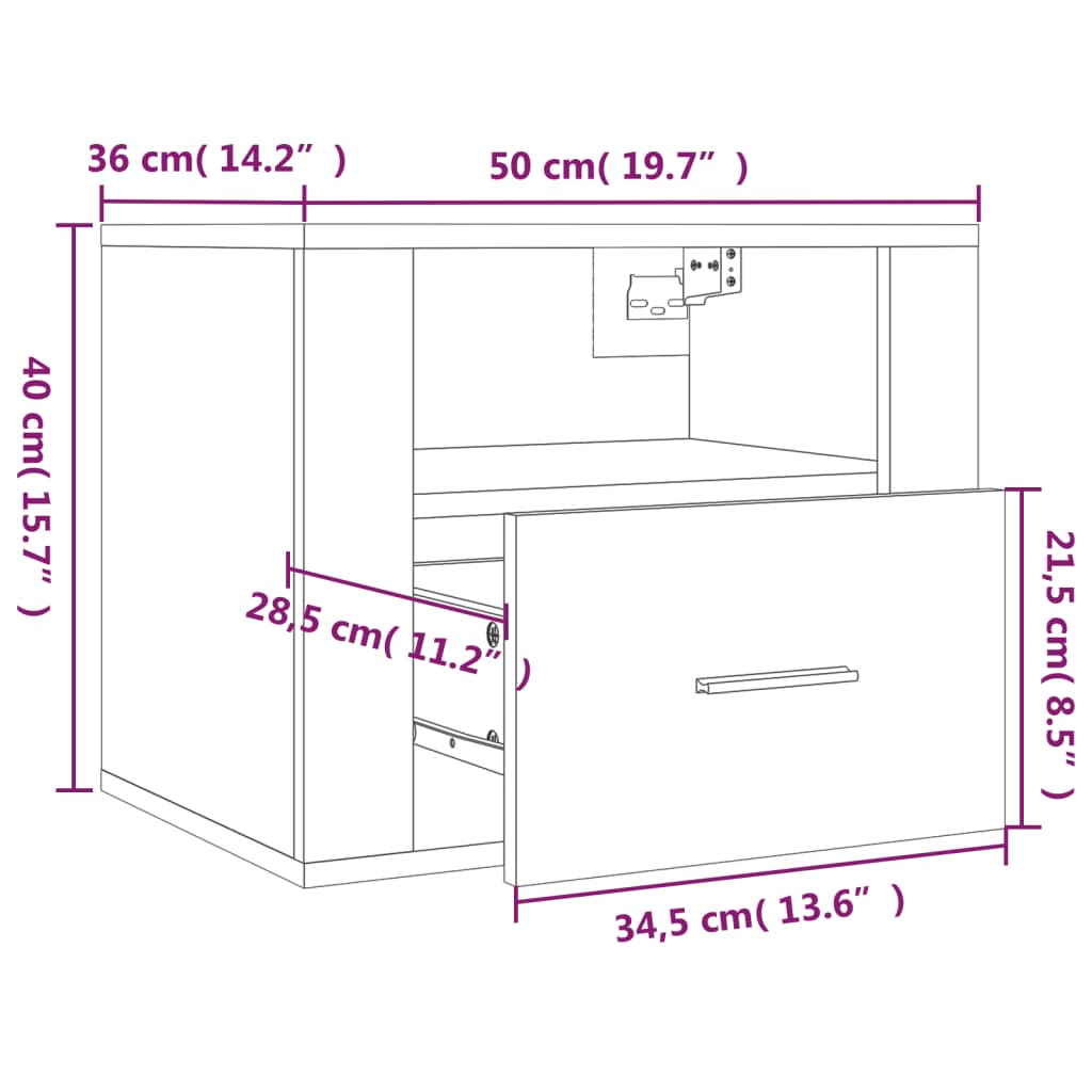 vidaXL Seinäkiinnitettävä yöpöytä valkoinen 50x36x40 cm