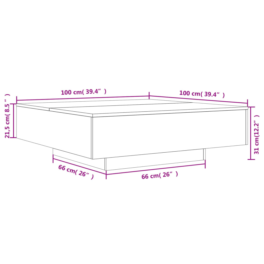 vidaXL Sohvapöytä LED-valoilla harmaa Sonoma 100x100x31 cm