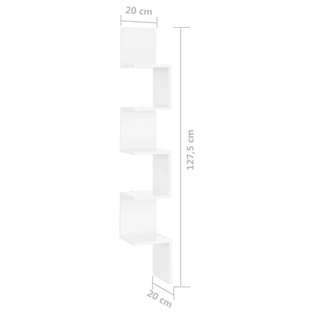 vidaXL Seinäkulmahylly korkeakiilto valk. 20x20x127,5 cm tekninen puu