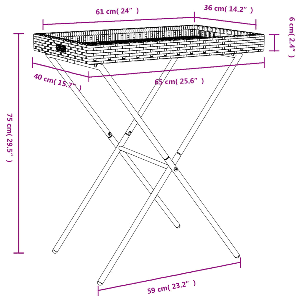 vidaXL Kokoontaittuva tarjotinpöytä beige 65x40x75 cm polyrottinki