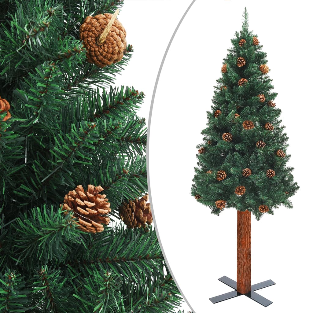vidaXL Kapea joulukuusi aito puu ja kävyt esivalaistu vihreä 180 cm