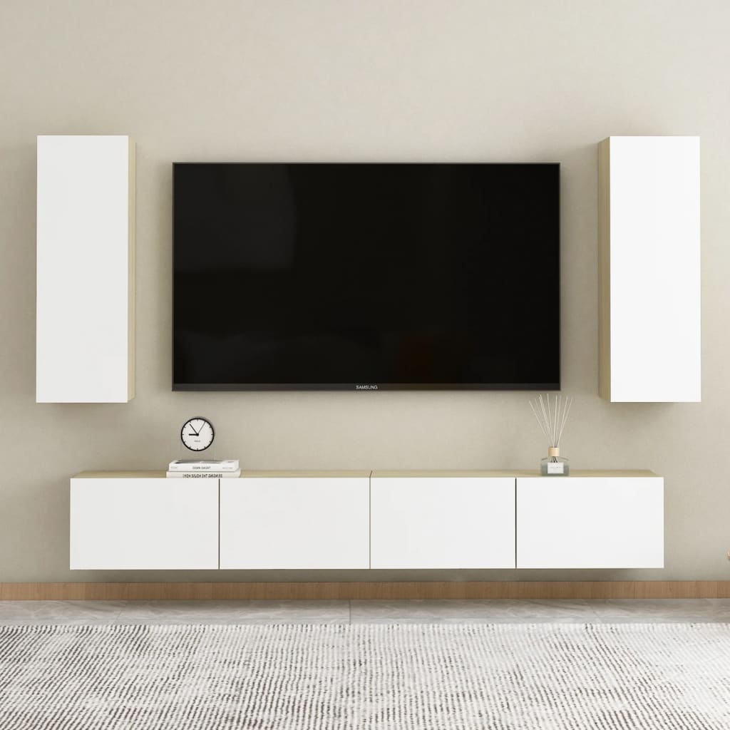 vidaXL TV-tasot 2 kpl valkoinen ja Sonoma-tammi 30,5x30x90cm lastulevy