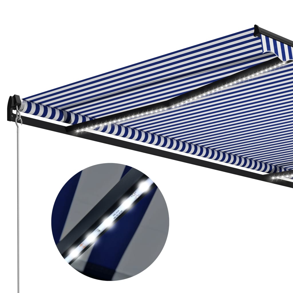 vidaXL Käsin sisäänkelattava markiisi LEDillä 300x250cm sinivalkoinen