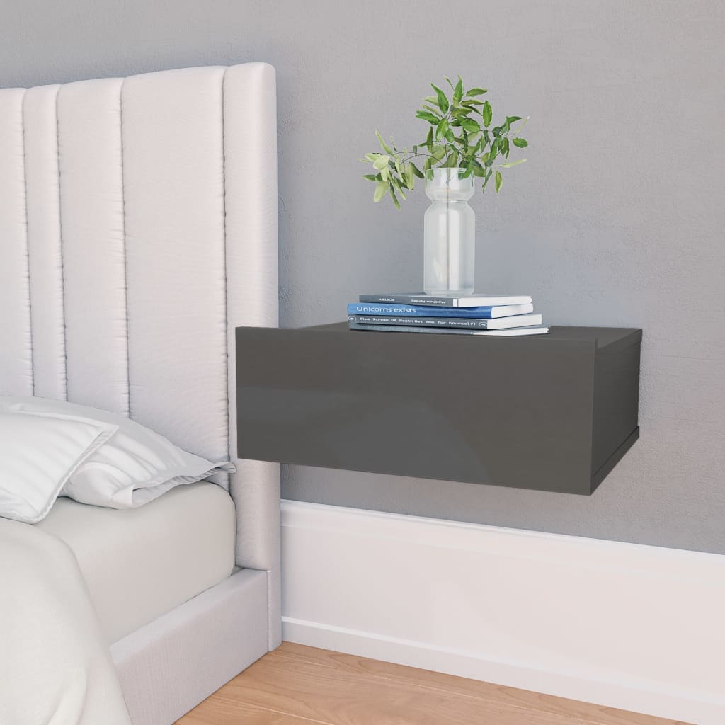 vidaXL Kelluva yöpöytä korkeakiilto harmaa 40x30x15 cm lastulevy