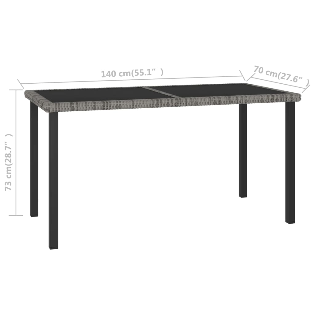 vidaXL Puutarhan ruokapöytä harmaa 140x70x73 cm polyrottinki