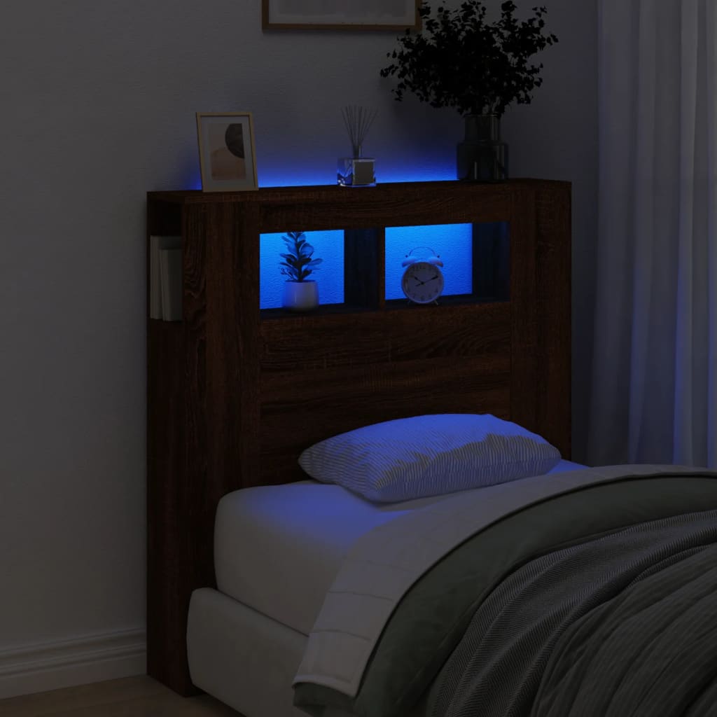vidaXL Sängynpääty LED-valoilla ruskea tammi 100x18,5x103,5 cm puu