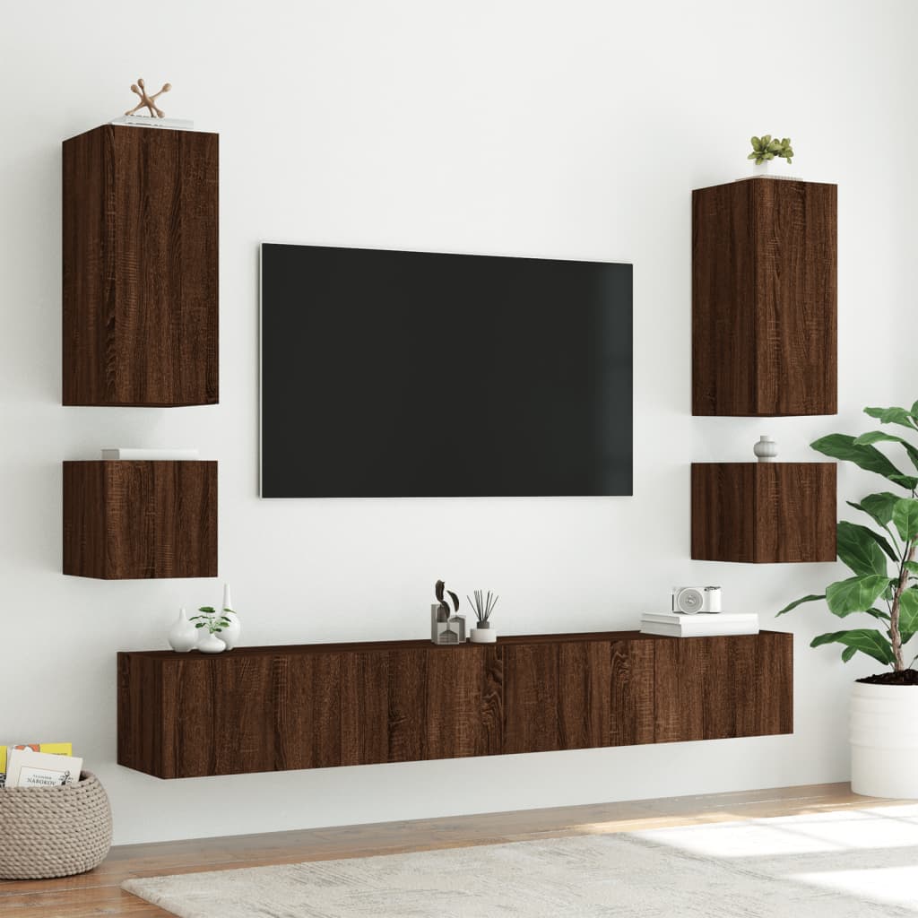 vidaXL 6-osainen TV-seinäkaappisarja LED-valoilla ruskea tammi