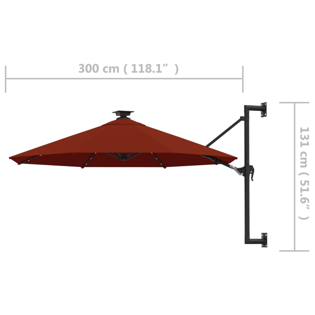 vidaXL Seinäkiinnitteinen aurinkovarjo LED ja tolppa 300 cm terrakotta