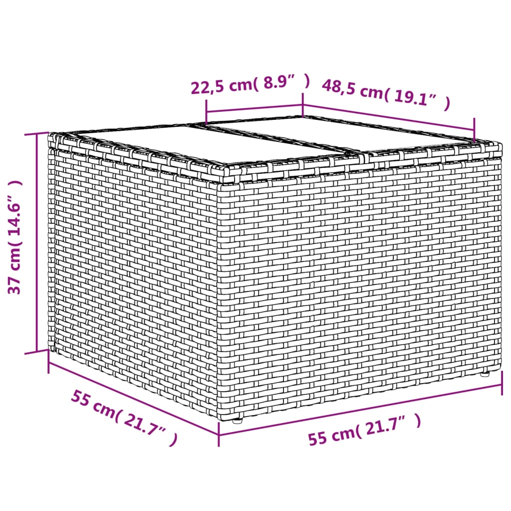 vidaXL Puutarhapöytä lasipöytälevyllä harmaa 55x55x37 cm polyrottinki