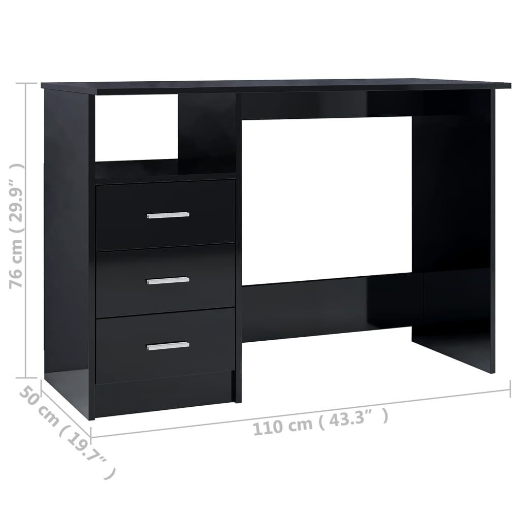 vidaXL Työpöytä laatikoilla korkeakiilto musta 110x50x76 cm lastulevy