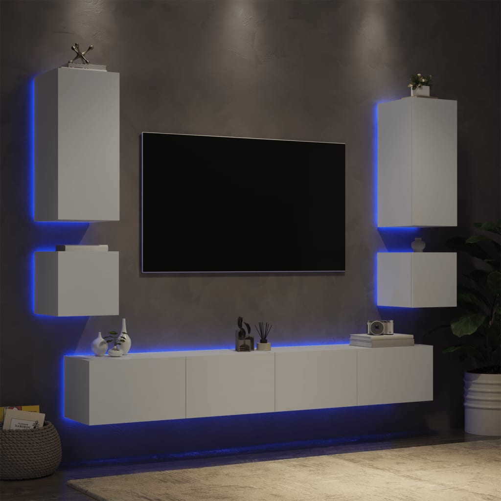 vidaXL 6-osainen TV-seinäkaappisarja LED-valoilla valkoinen