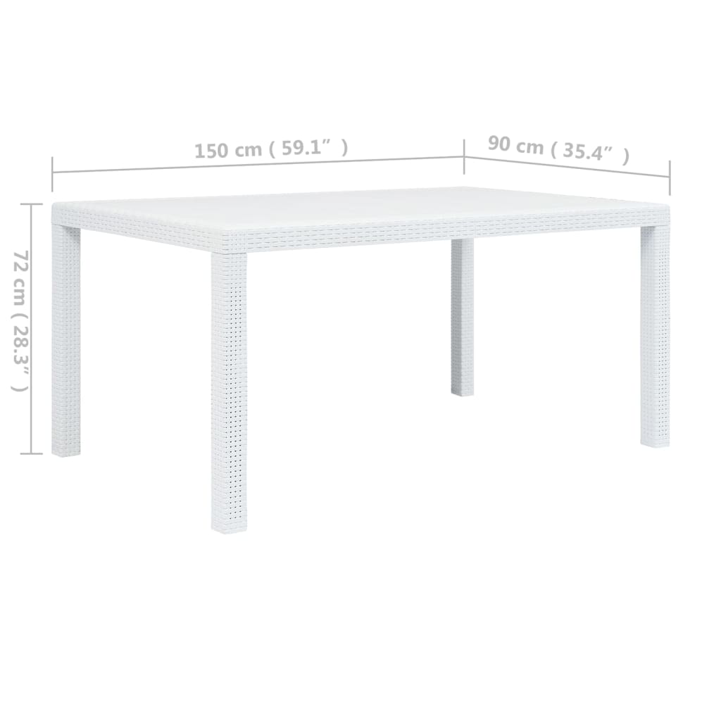vidaXL Puutarhapöytä rottinkityylinen muovi 150x90x72 cm valkoinen