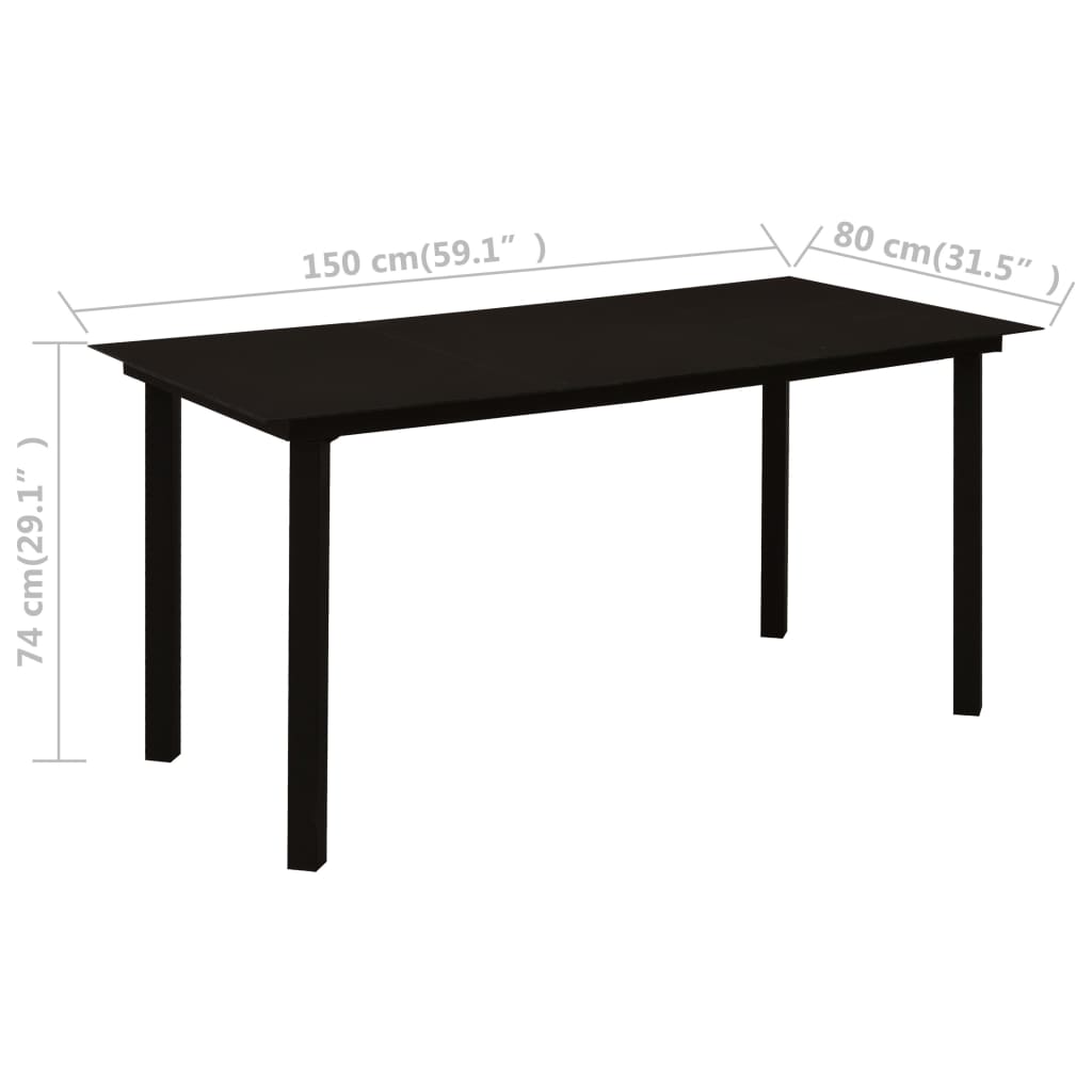 vidaXL Puutarhan ruokapöytä musta 150x80x74 cm teräs ja lasi
