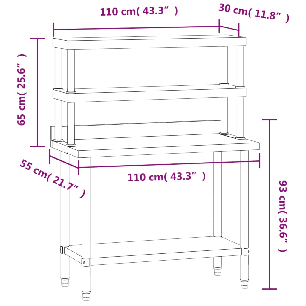 vidaXL Keittiön työpöytä ylähyllyllä 110x55x150 cm ruostumaton teräs