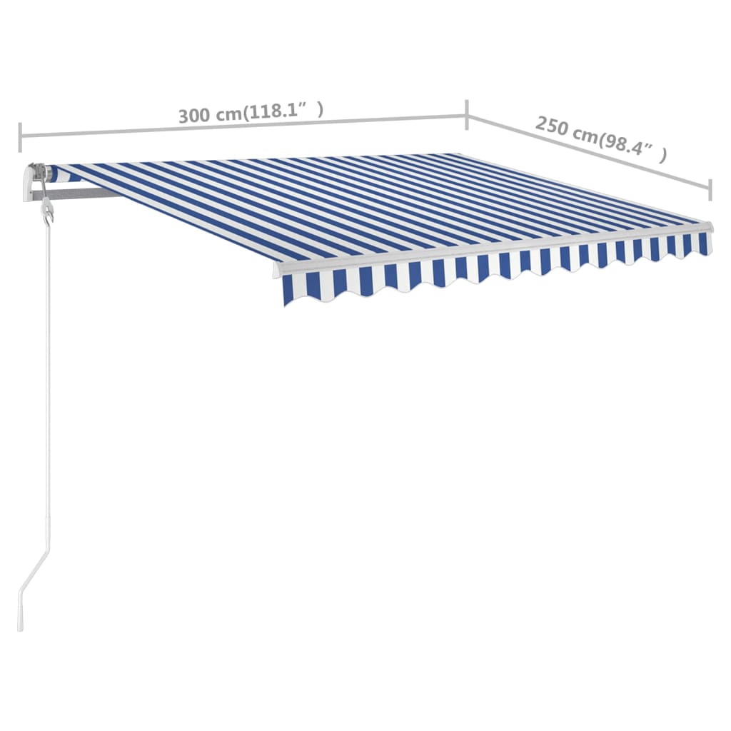 vidaXL Manuaalisesti kelattava markiisi tolpilla 3x2,5 m sinivalkoinen