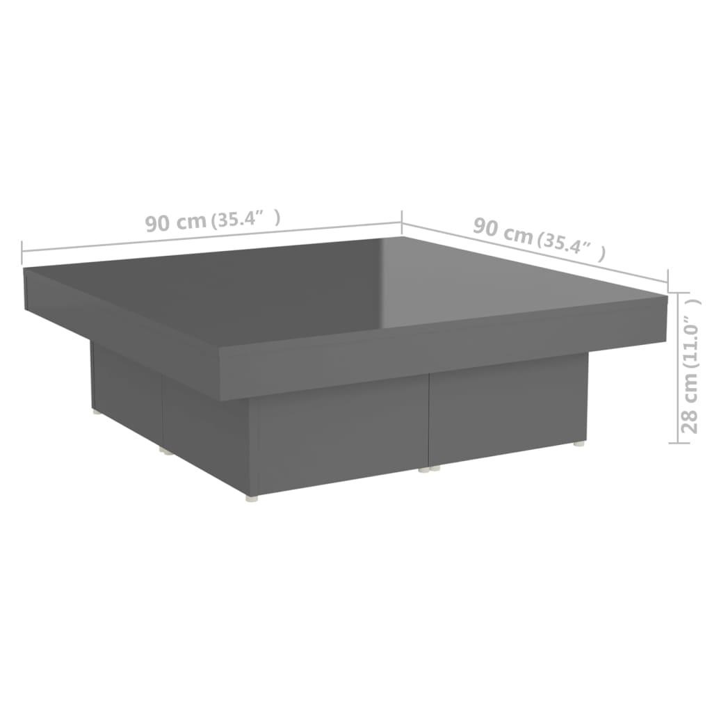vidaXL Sohvapöytä korkeakiilto harmaa 90x90x28 cm lastulevy