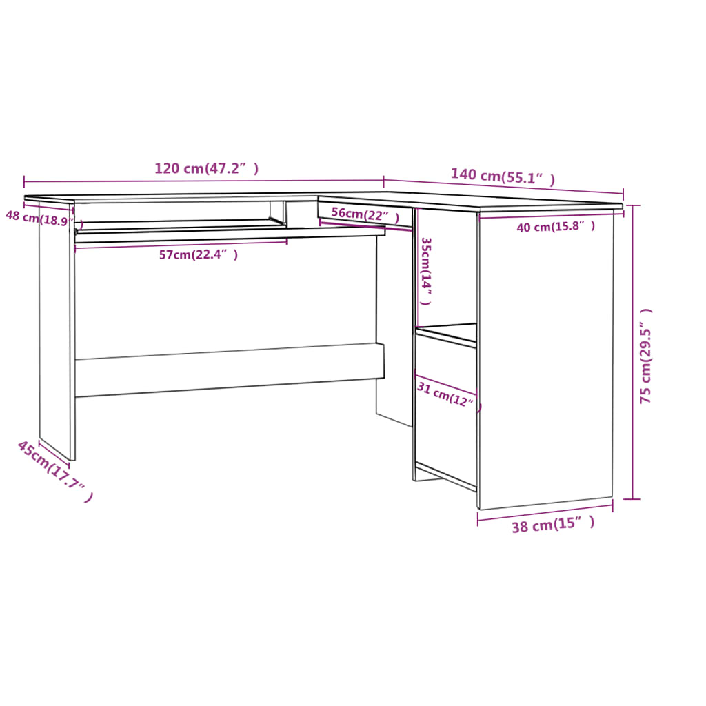 vidaXL L-muotoinen kulmapöytä korkeak. harmaa 120x140x75 cm lastulevy