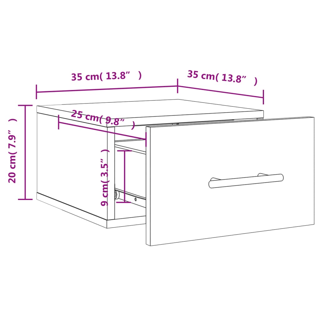vidaXL Seinäkiinnitettävät yöpöydät 2 kpl korkeak. valk. 35x35x20 cm