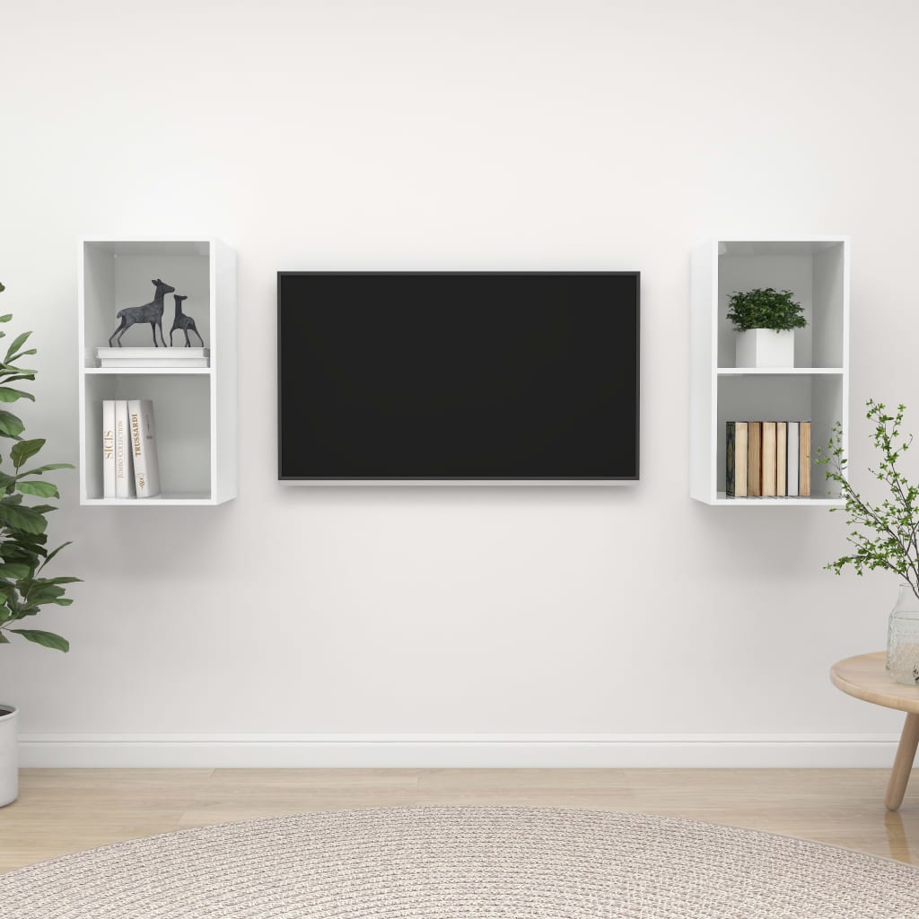 vidaXL Seinäkiinnitettävät TV-tasot 2 kpl korkeakiilto valk. lastulevy