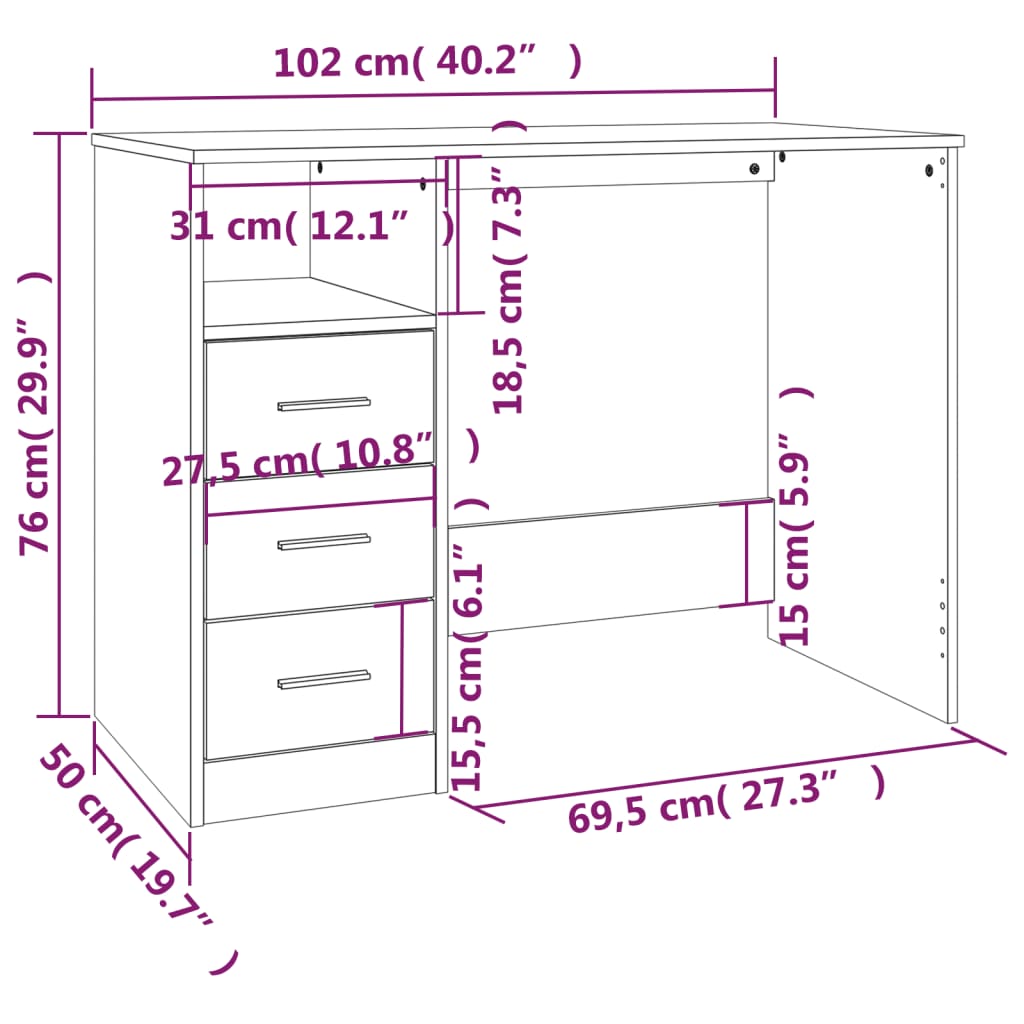 vidaXL Työpöytä laatikoilla korkeak. valk. 102x50x76 cm tekninen puu